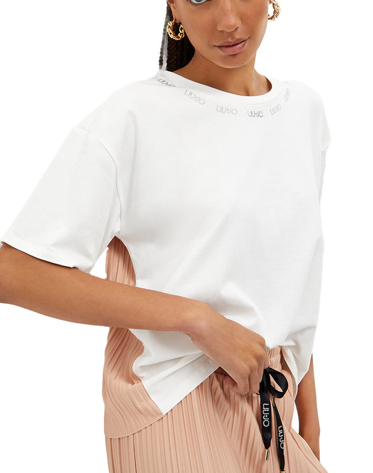 Women's pleated jersey T-shirt - Ivory/Nude