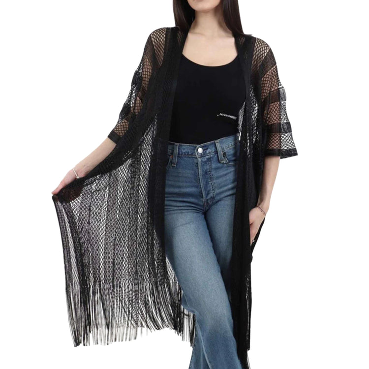 Stola poncho donna in rete lurex nero modella frontale