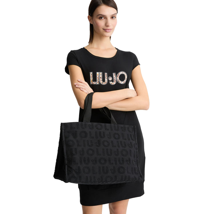 Borsa Donna tote logo jacquard Nero modella
