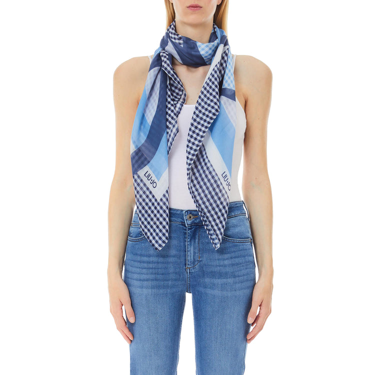 Foulard Donna con stampa check e logo Blu modella frontale