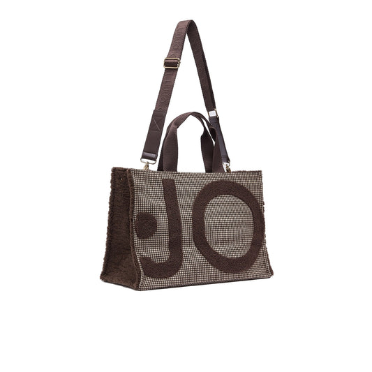 Borsa Tote grande Donna tessuto check marrone, con logo