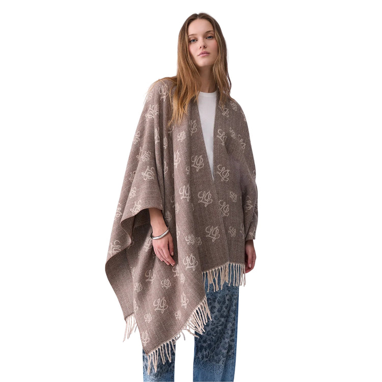 Poncho Donna con logo jacquard beige modella frontale