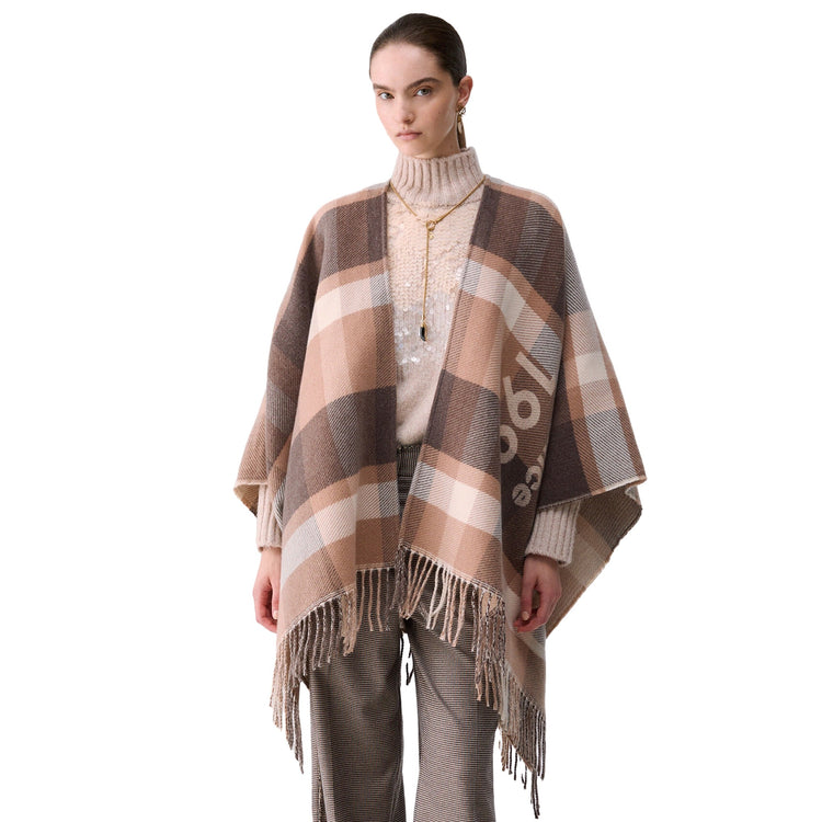 Poncho Donna check jacquard marrone modella frontale