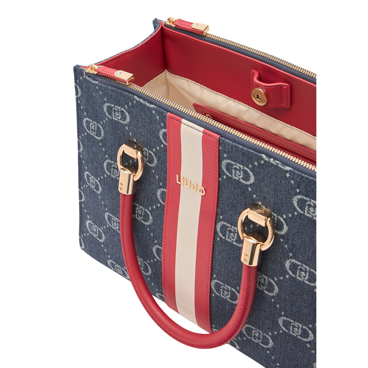 Borsa satchel media in denim jacquard interno