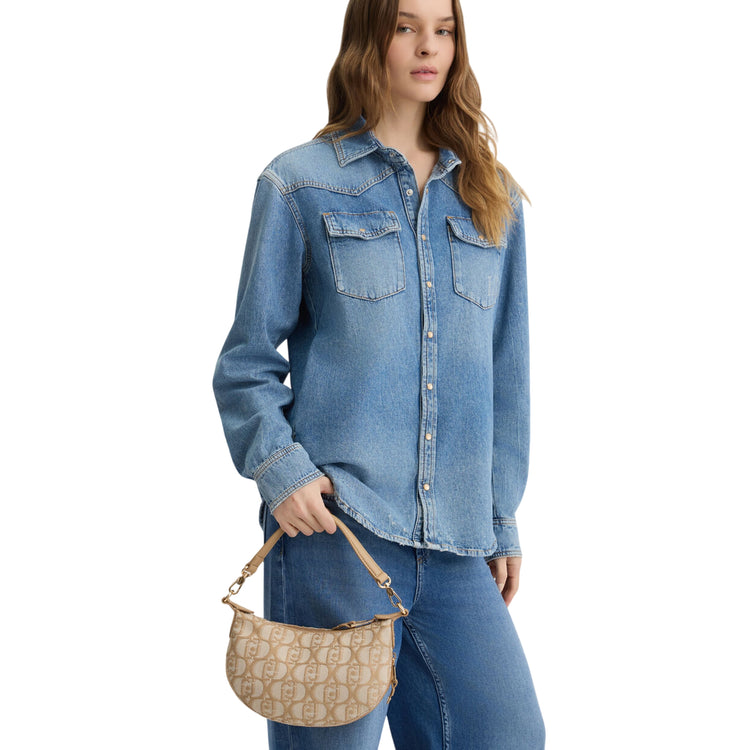 Borsa piccola jacquard da donna con logo all over Beige modella