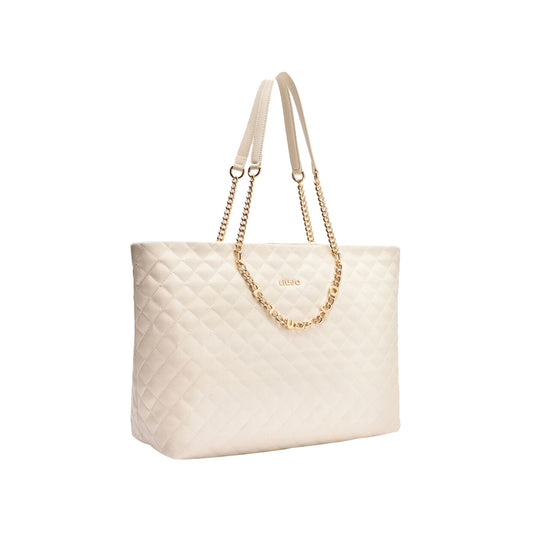 Borsa a spalla da donna beige matelassé con catena logata