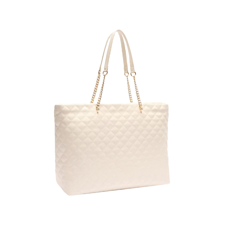 Borsa a spalla da donna beige matelassé con catena logata retro