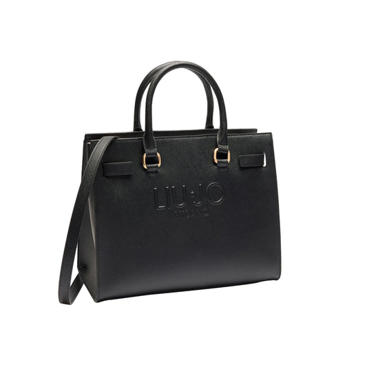 Borsa Shopping tinta unita nera con logo