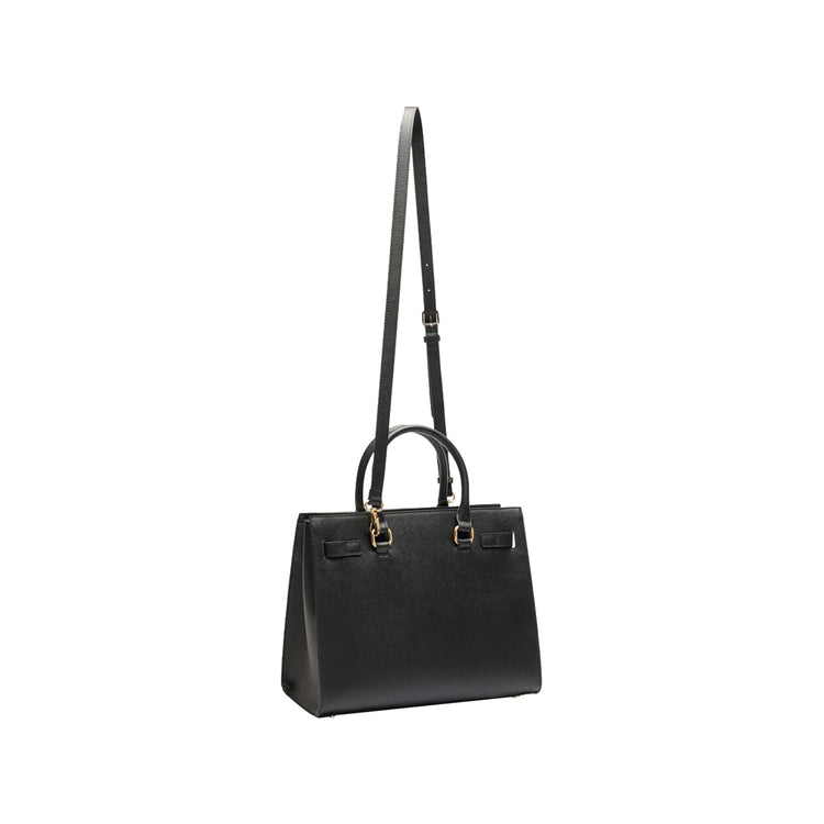 Borsa Shopping tinta unita nera con logo retro con tracolla