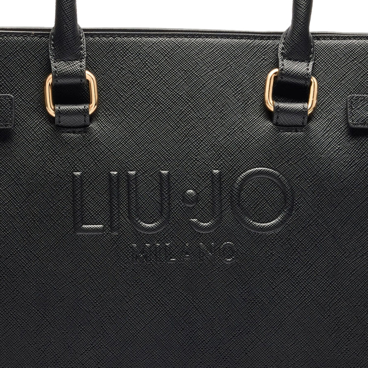 Borsa Shopping tinta unita nera con logo dettaglio logo