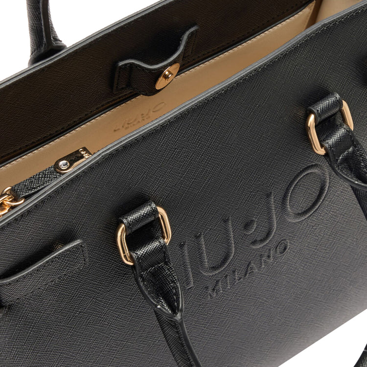 Borsa Shopping tinta unita nera con logo