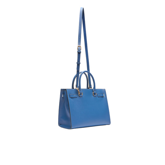Borsa Shopping tinta unita blu con logo retro