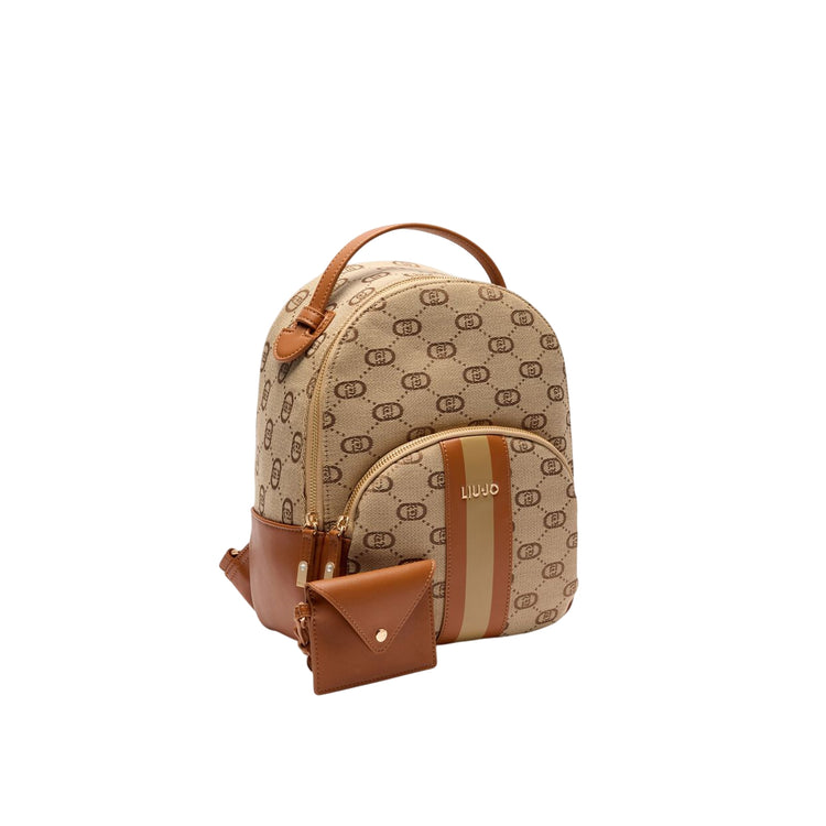 Zaino jacquard beige con pochette con pochette