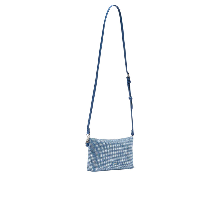 Borsa a spalla piccola azzurra con strass e catena retro