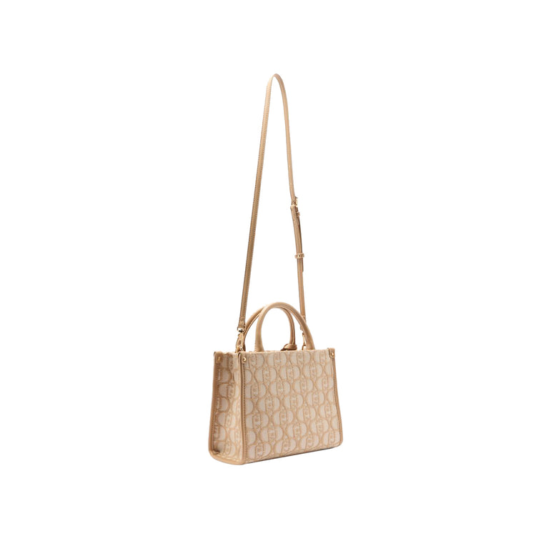 Borsa a mano da donna con logo jacuqard Beige retro