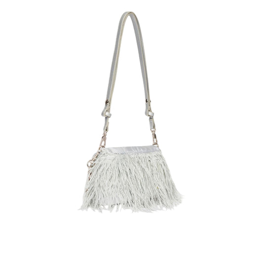 Borsa piccola a spalla LaPuffy con piume Celeste retro