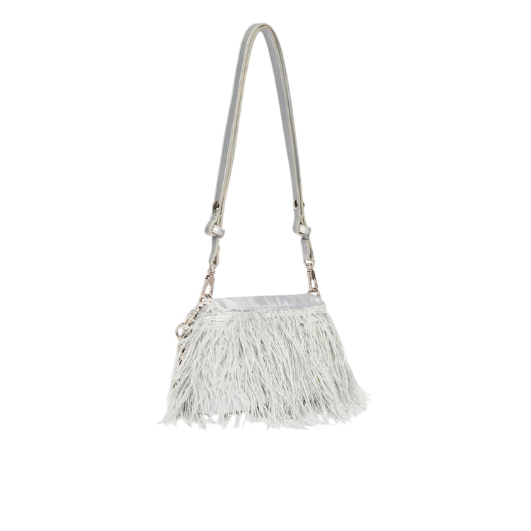 Borsa piccola a spalla LaPuffy con piume Celeste retro