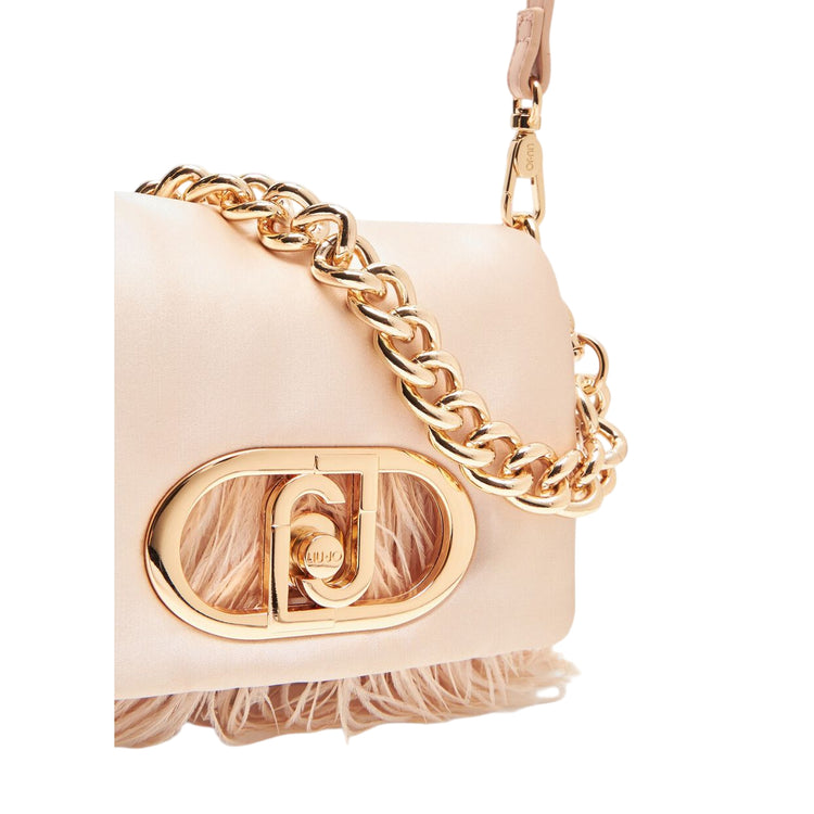 Borsa piccola a spalla LaPuffy con piume Rosa dettaglio logo