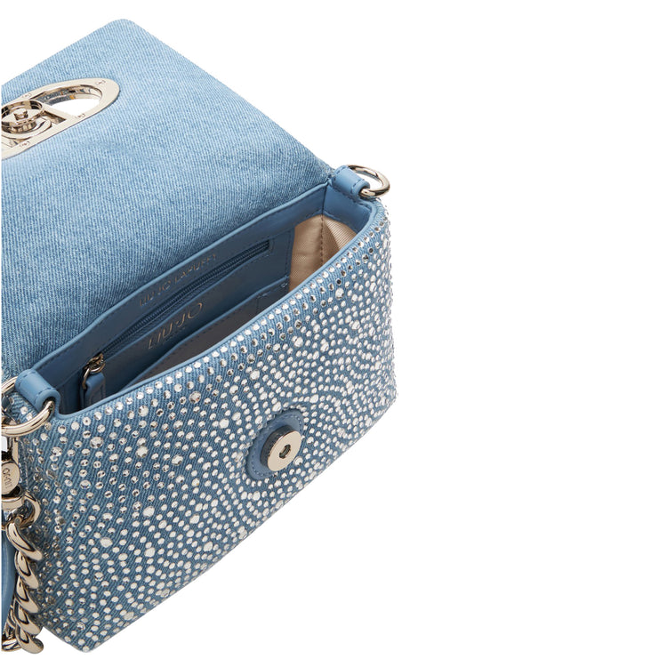 Borsa piccola a spalla LaPuffy in denim con strass dettaglio interno
