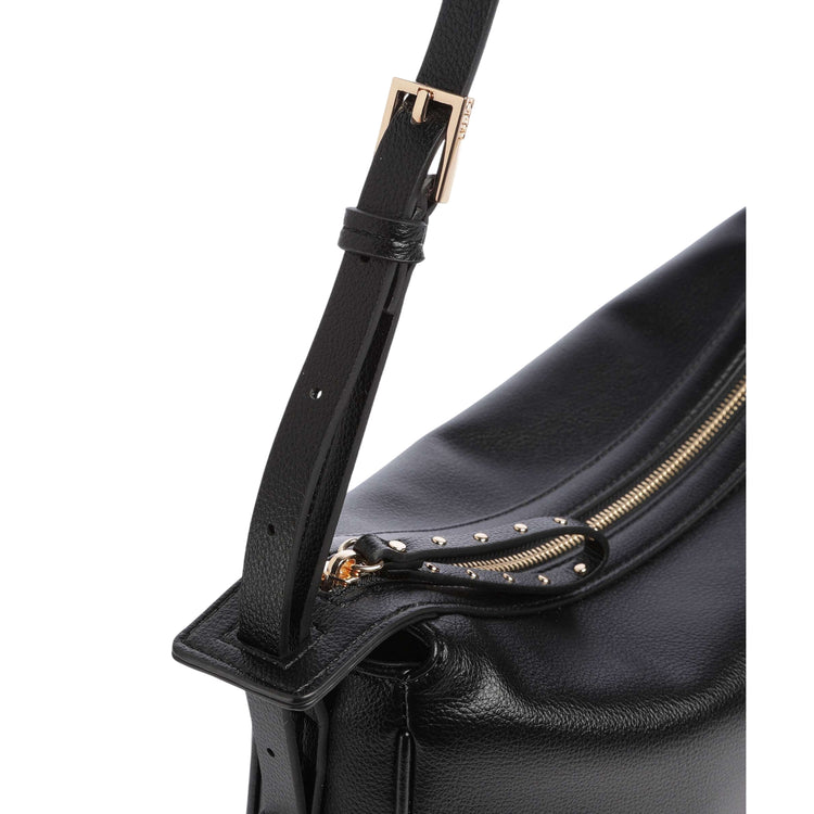 Borsa a spalla in pelle nera con dettagli oro
