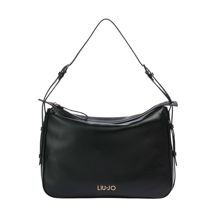 Borsa a spalla in pelle nera con dettagli oro