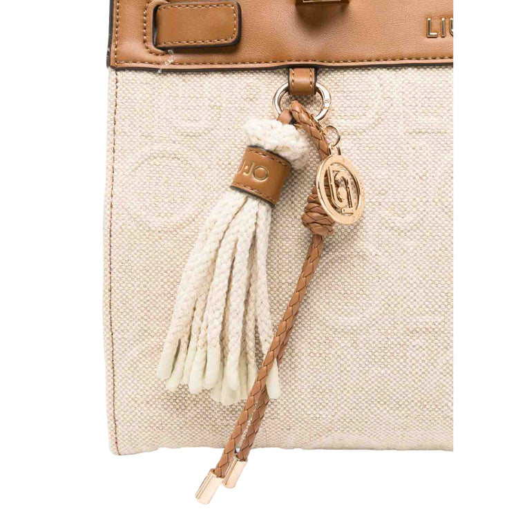 Borsa in jacquard marrone con manici in bambù