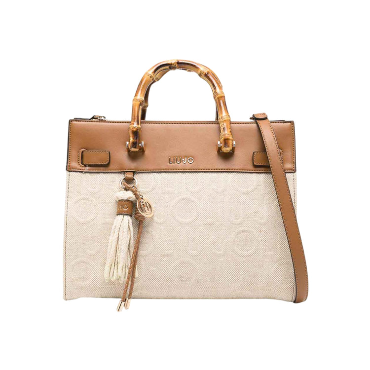 Borsa in jacquard marrone con manici in bambù