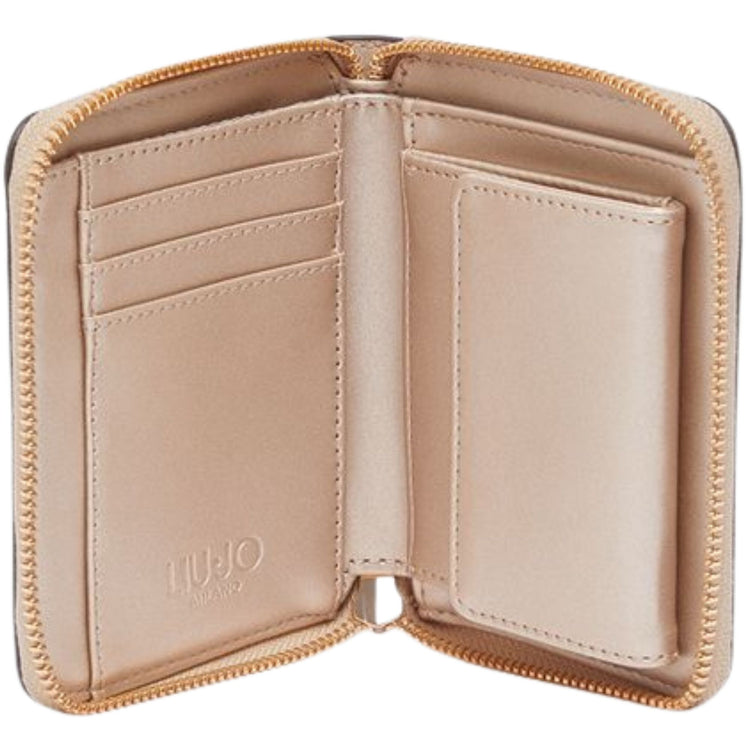 Portafoglio crema con zip e logo dorato