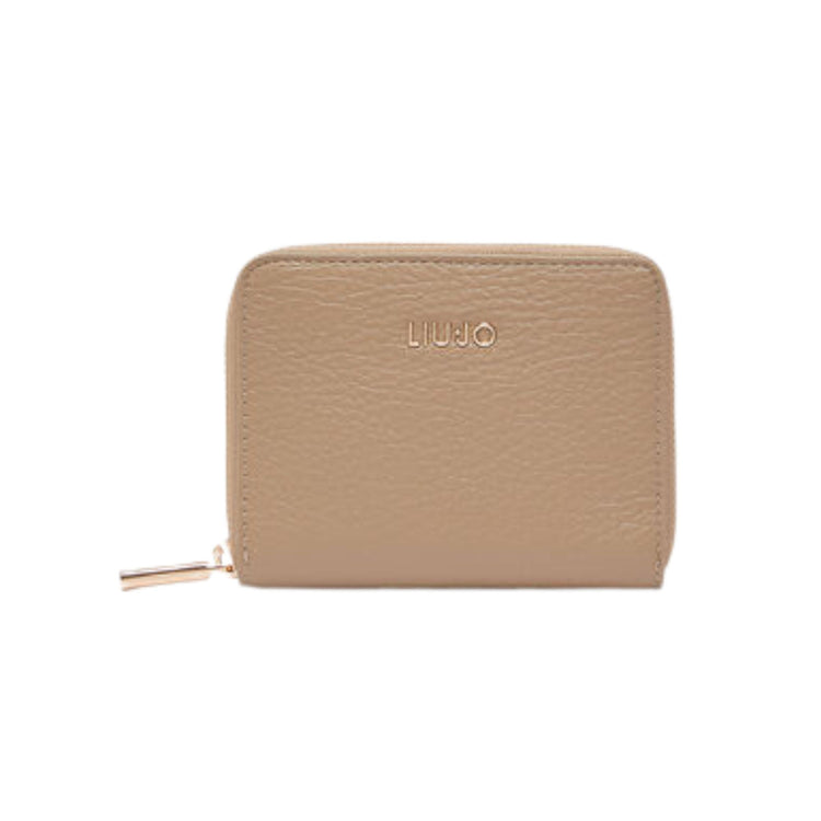 Portafoglio Donna Beige, effetto bottalato, con logo in metallo frontale e zip around