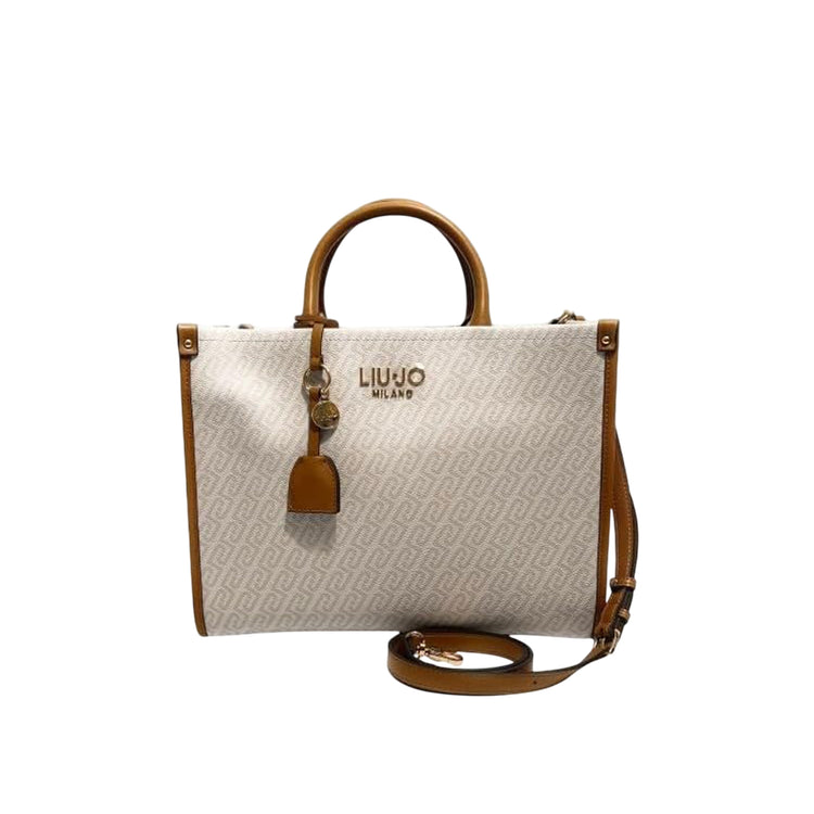 Borsa a mano con logo all-over beige e marrone