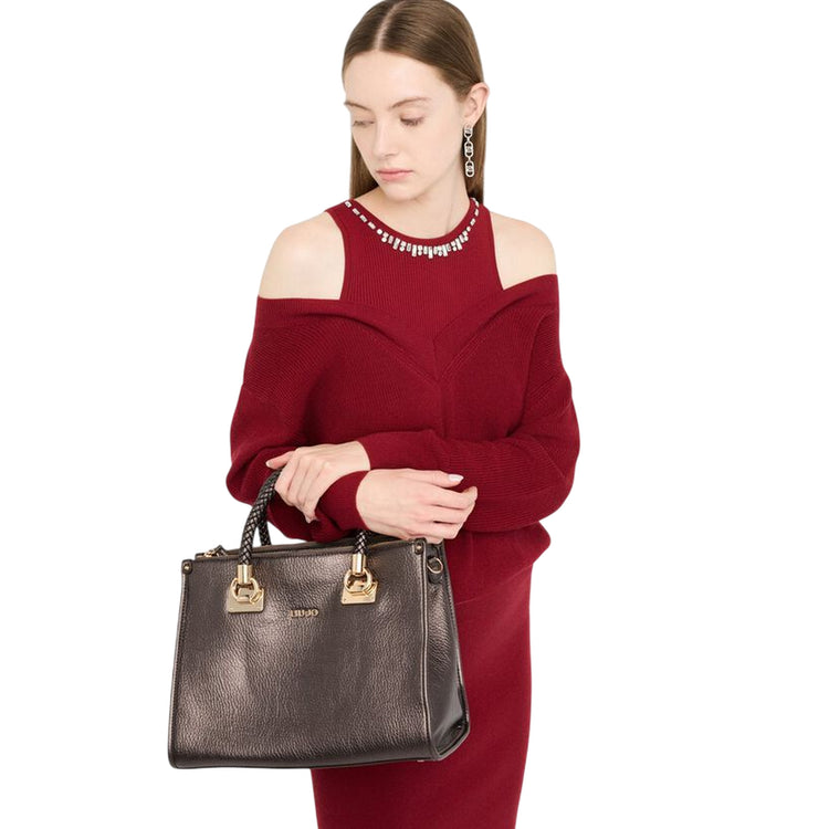 Borsa Donna satchel media con manici intrecciati su modella