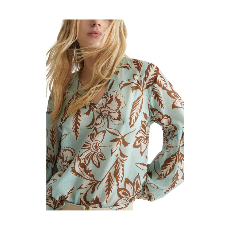 Dettaglio ravvicinato Blusa con stampa floreale all over e maniche a palloncino