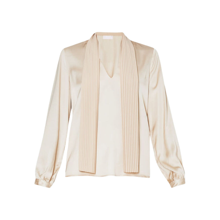 Blusa con collo a foulard plissé e maniche lunghe con bottone