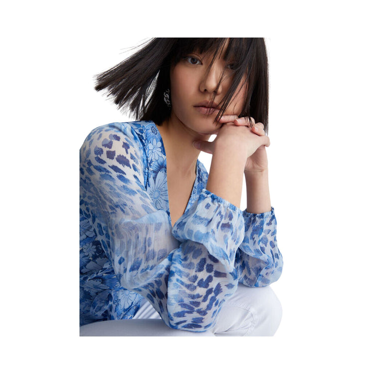 Blusa Floreale In Creponne Donna - Floreale Blu