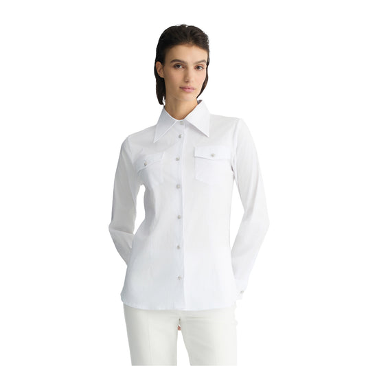 Camicia Donna bianca con bottoni gioiello modella frontale
