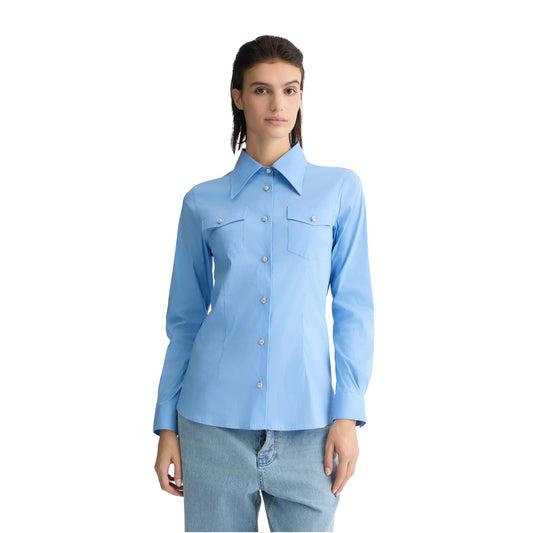 Camicia Donna celeste con bottoni gioiello modella frontale