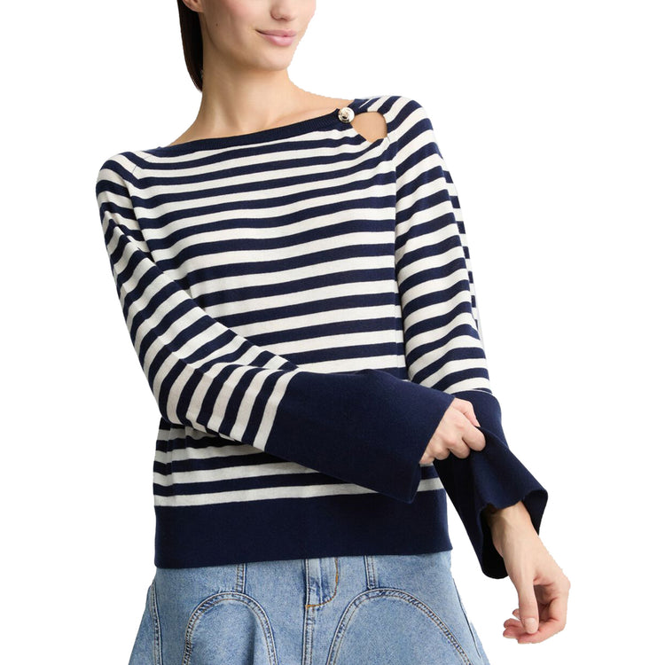 Maglia Donna in lana e cahmere a righe modella frontale ravvicinata