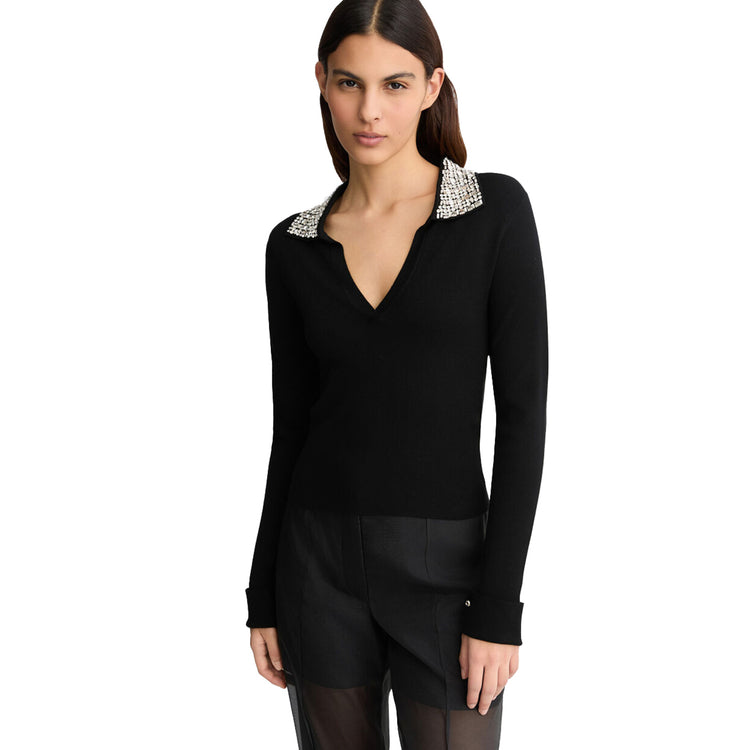 Polo Nera da Donna con ricami gioiello modello frontale