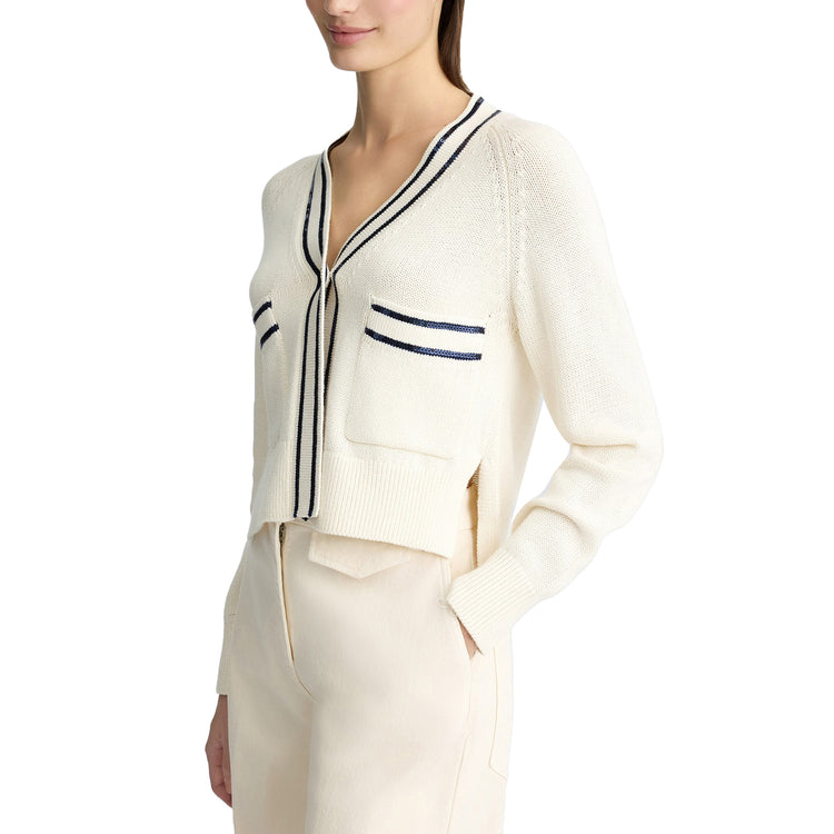 Cardigan Donna bianco con paillettes modella frontale