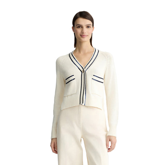 Cardigan Donna bianco con paillettes modella frontale