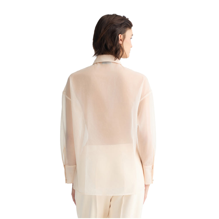 Camicia Donna in organza Beige chiaro modella retro