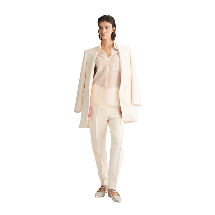 Camicia Donna in organza Beige chiaro modella intera frontale