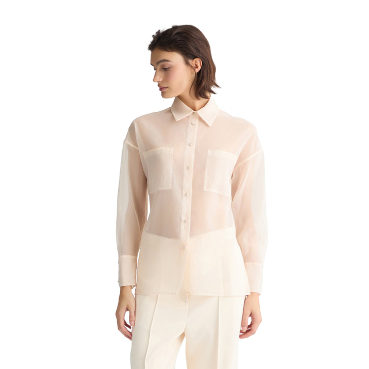 Camicia Donna in organza Beige chiaro modella frontale