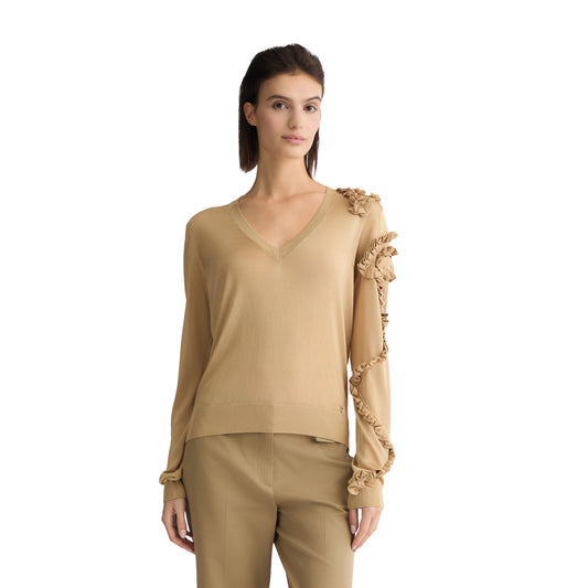 Maglia da donna beige con rouches modella frontale