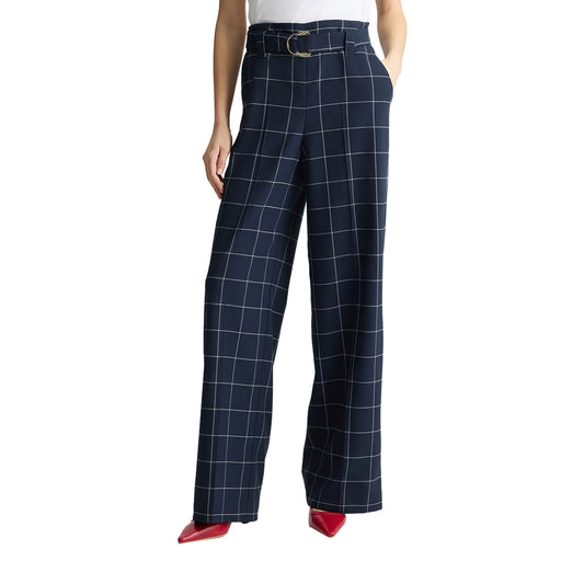 Pantaloni gessati da Donna a vita alta Blu modella frontale