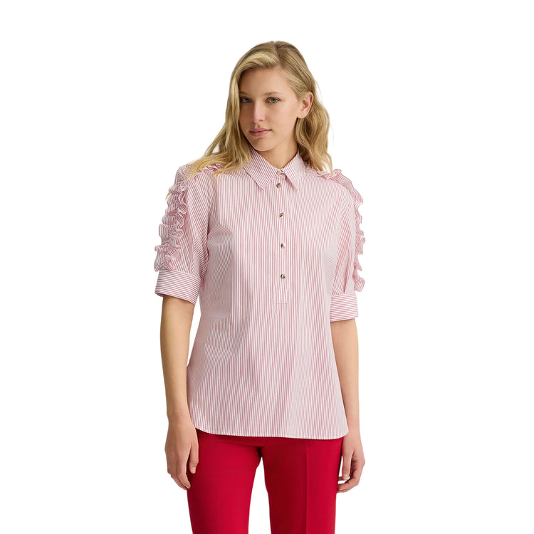Camicia Donna a righe con rouches modella frontale