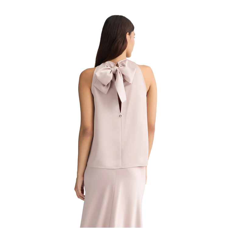 Top Donna in raso con fiocco rosa modella retro