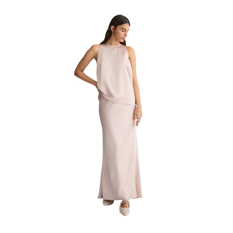 Top Donna in raso con fiocco rosa modella frontale intera
