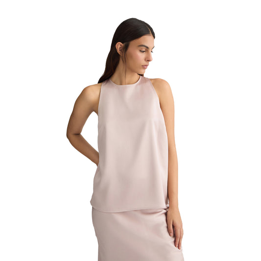 Top Donna in raso con fiocco rosa modella frontale