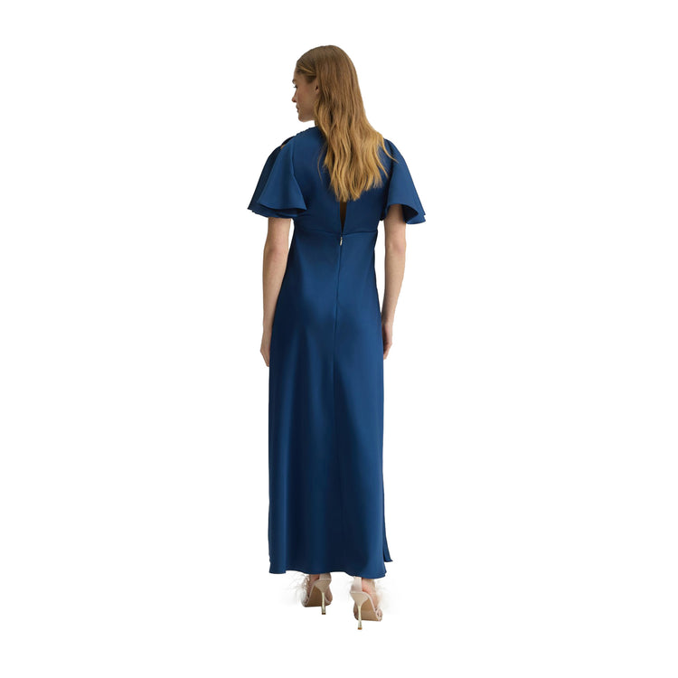 Abito lungo Donna in raso Blu modella retro